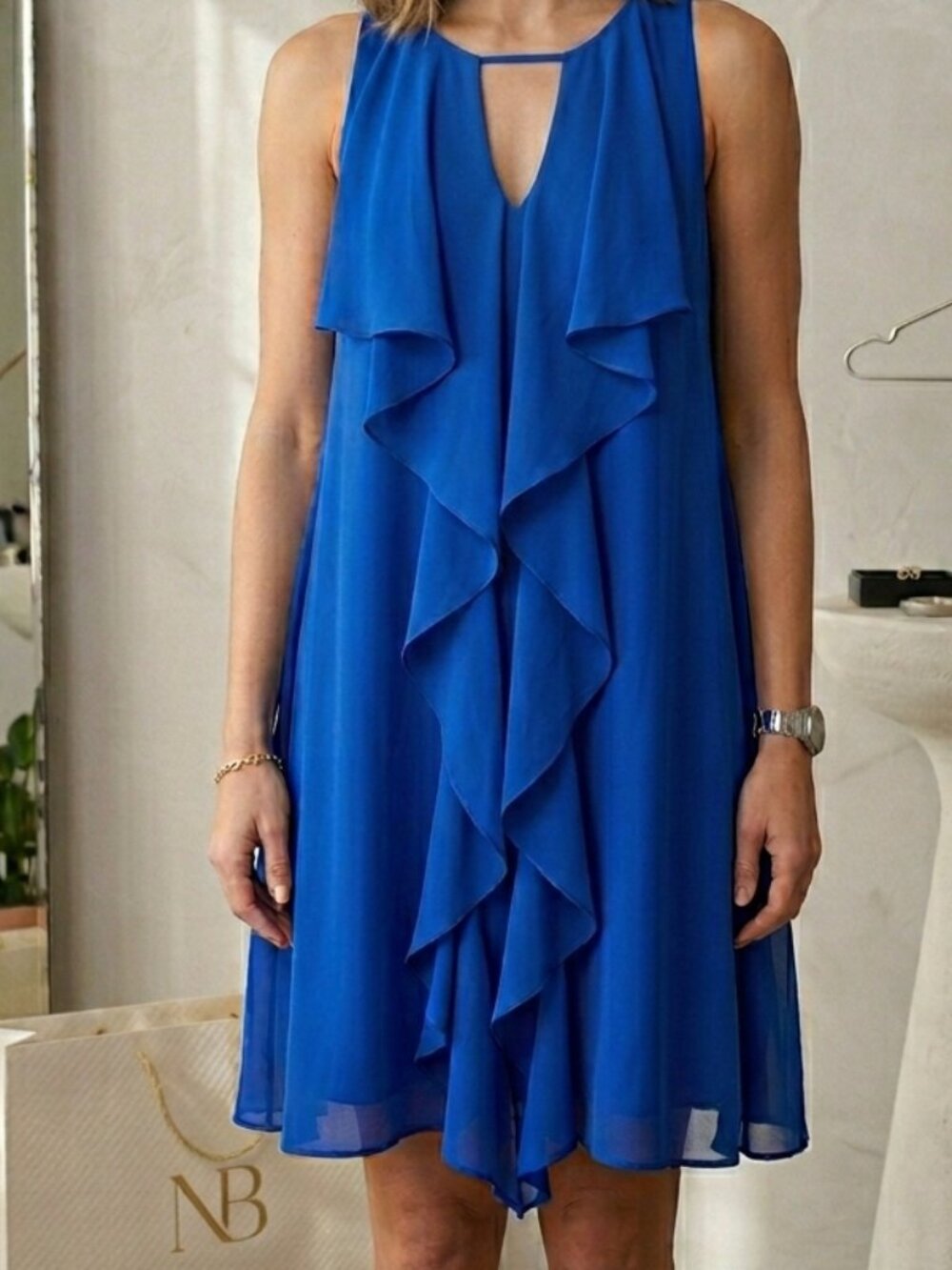Ruffle Front Tie-Back BCBGMaxAzria Royal Blue Polyester Mini‎ Dress Size S Small